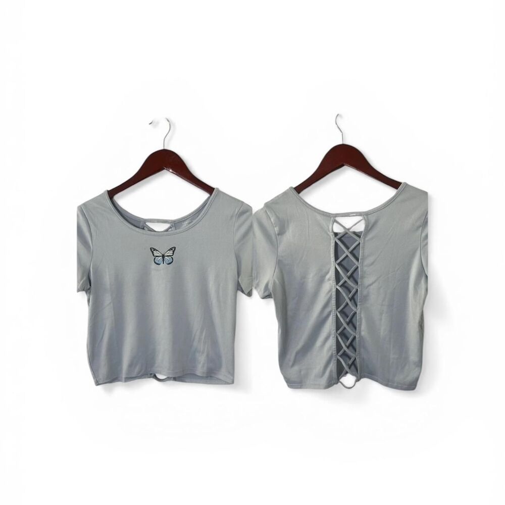 Y2K Butterfly Cross Lace Back Crop Top Large Pale Blue Babygirl Tee
